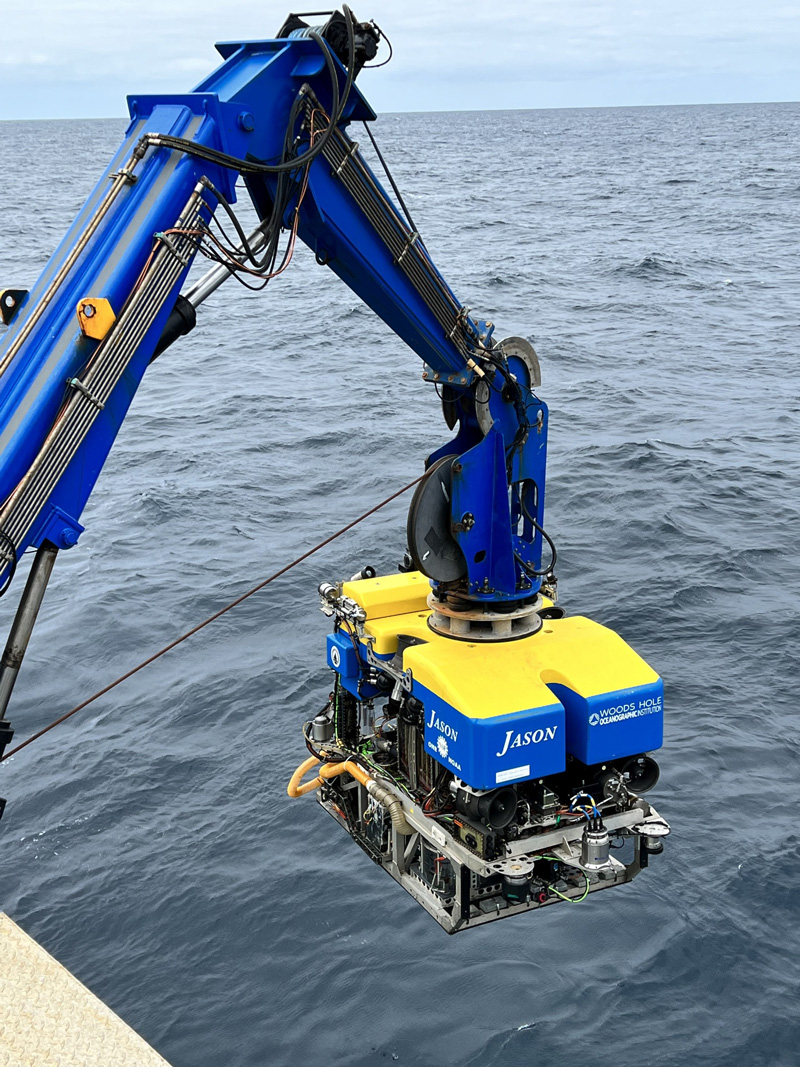 Remotely operated vehicle Jason being deployed from the first dive of the Escanaba Trough: Exploring the Seafloor and Oceanic Footprints expedition.