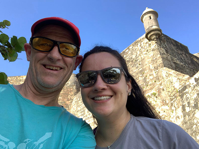 Cristiana Castello Branco and Allen Collins taking advantage of a slight delay in embarking from San Juan for the Illuminating Biodiversity in Deep Waters of Puerto Rico expedition by walking around the Castillo San Cristóbal and discussing their National Science Foundation proposal.