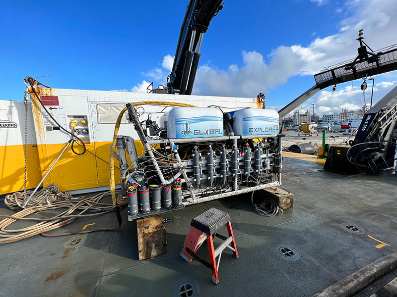 Remotely operated vehicle Global Explorer is getting ready for the first dive of the expedition aboard NOAA Ship Nancy Foster. 