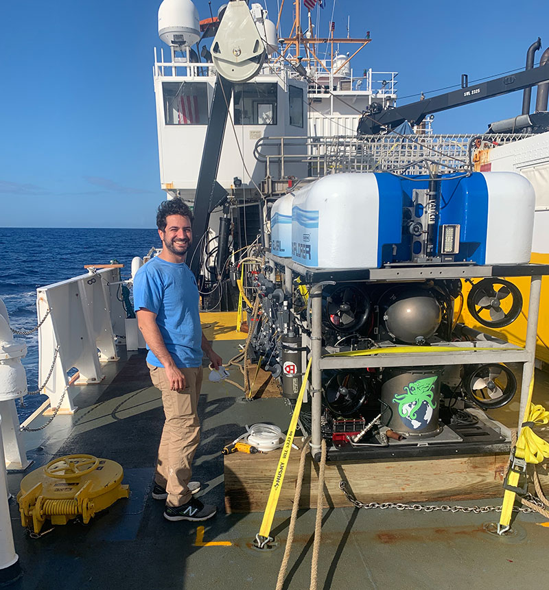 Lehigh University Graduate Student Luke McCartin sets up the in situ eDNA sampler on remotely operated vehicle Global Explorer during the Illuminating Biodiversity in Deep Waters of Puerto Rico 2022 expedition.