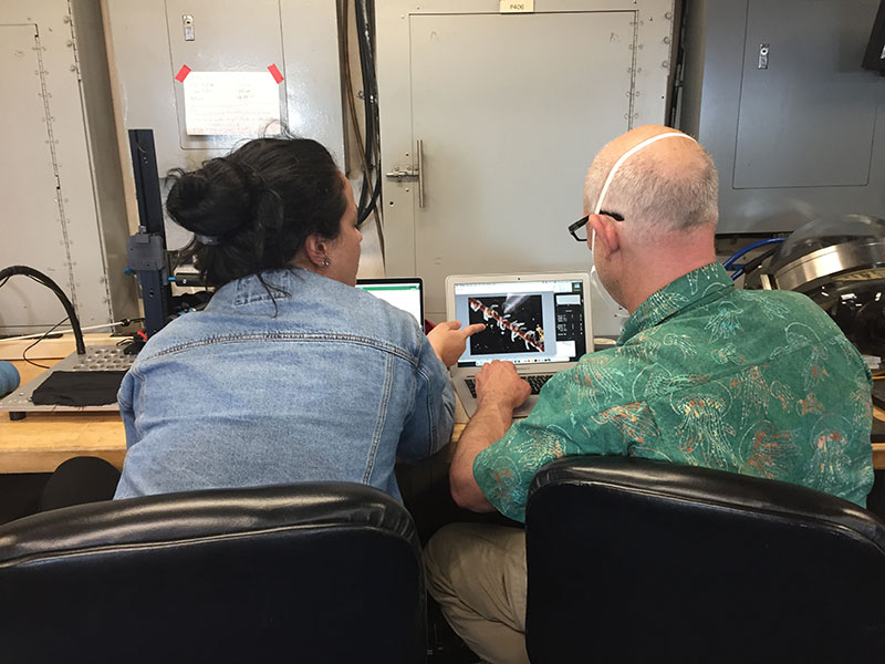 Scientists Cristiana Castello Branco and Allen Collins reviewing potential sample identifications during the Illuminating Biodiversity in Deep Waters of Puerto Rico 2022 expedition.