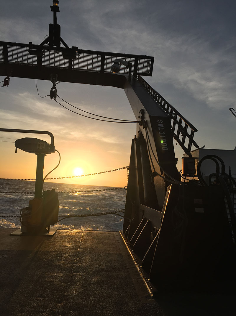 Sunset off the back deck of NOAA Ship Nancy Foster after a long day on the Illuminating Biodiversity in Deep Waters of Puerto Rico 2022 expedition.