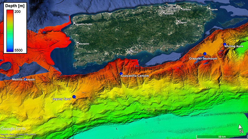 Map of the exploration area along the southern coast of Puerto Rico in the Caribbean Sea with a few target locations.