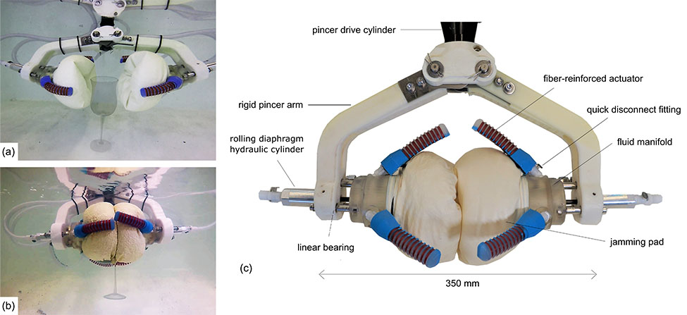 Illustration of hybrid design combining two universal jamming grippers to form a “clamshell” that allows the grippers to grab something not necessarily lying horizontally on the ground.