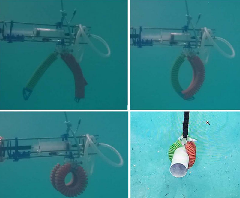 Fused deposition printed three-finger gripper (with 3D printed low-pressure fluid manifold) mounted to and actuated by the linear electric drive system while submerged in the University of Rhode Island Acoustic Test Tank (top left and right, and bottom left); successful grasp of a large cylinder using the actuator and fluid drive system (bottom right).