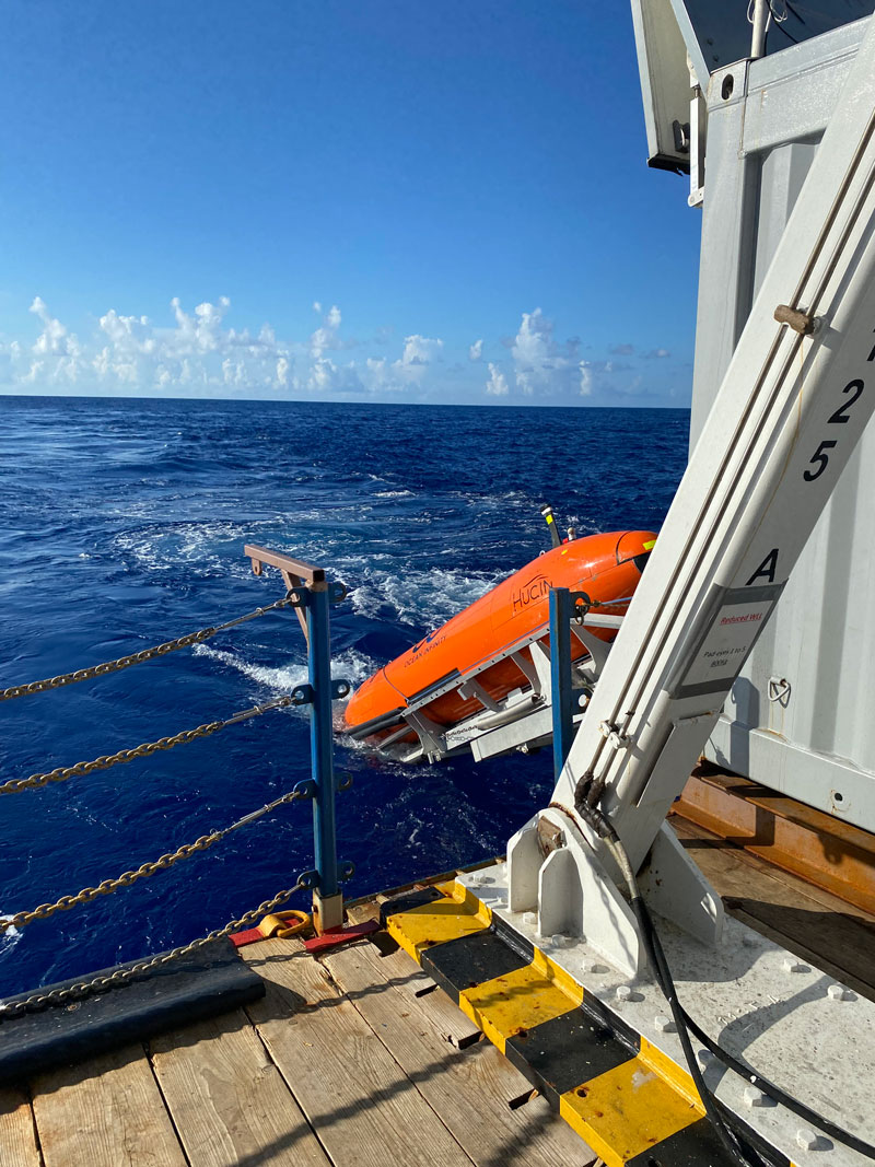 The HUGIN autonomous underwater vehicle is launched from Deep Helder to survey the seafloor of the Blake Plateau during 2022’s Investigation of a Historic Seabed Mining Equipment Test Site on the Blake Plateau.