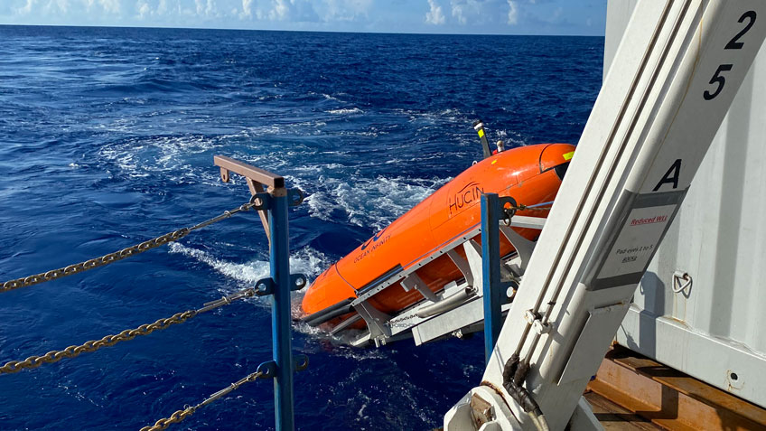 The HUGIN autonomous underwater vehicle is launched from Motor Vessel Deep Helder to survey the seafloor of the Blake Plateau during 2022’s Investigation of an Historic Seabed Mining Test Site on the Blake Plateau.