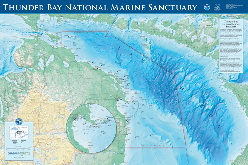 During the Machine Learning for Automated Detection of Shipwreck Sites from Large Area Robotic Surveys expedition, the team will explore Thunder Bay National Marine Sanctuary. This map shows known shipwreck sites within the sanctuary.