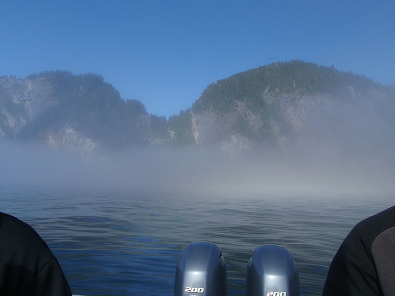 Southeast Noyes Island from the back of the F/V Showtime on a foggy morning during the first year of fieldwork for the Our Submerged Past expedition.