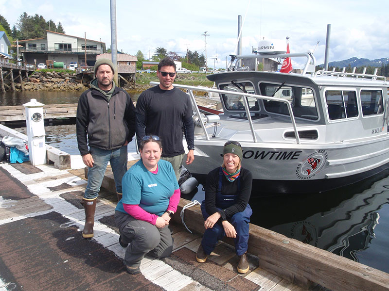Our Submerged Past main survey team (Brant Baxter, Roby Medina, Dr. Kelly Monteleone, Vickie Siegel) in front of the survey vessel F/V Showtime.