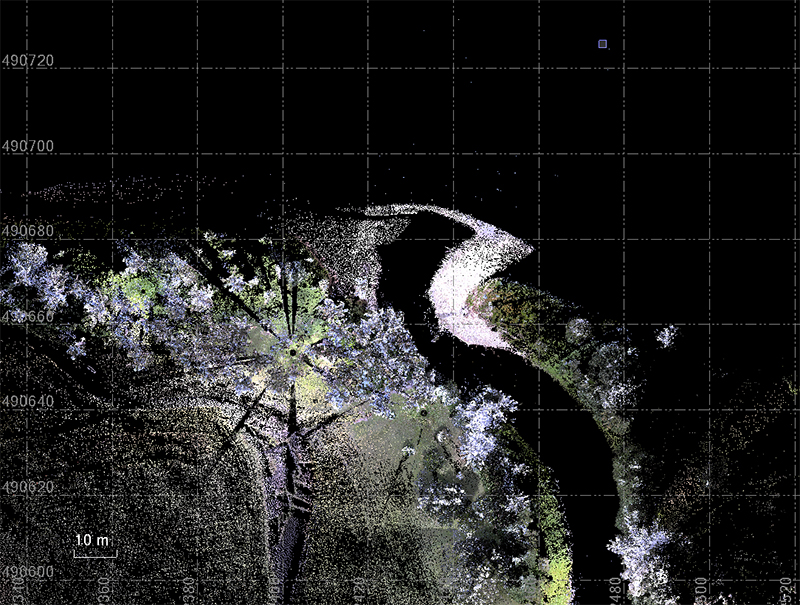 Point cloud data collected with a Trimble SX10 total scanning station of the mouth of Guam’s Asan River in February 2023. Comparison of the two datasets shows that the river has been redirected eastward and a delta has formed at its mouth as a result of Typhoon Mawar.