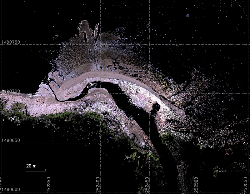 Point cloud data collected with a Trimble SX10 total scanning station of the mouth of Guam’s Asan River in June 2023. Comparison of the two datasets shows that the river has been redirected eastward and a delta has formed at its mouth as a result of Typhoon Mawar.