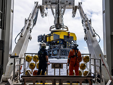 Remotely operated vehicle SuBastian being recovered after a dive during the In Search of Hydrothermal Lost Cities expedition.