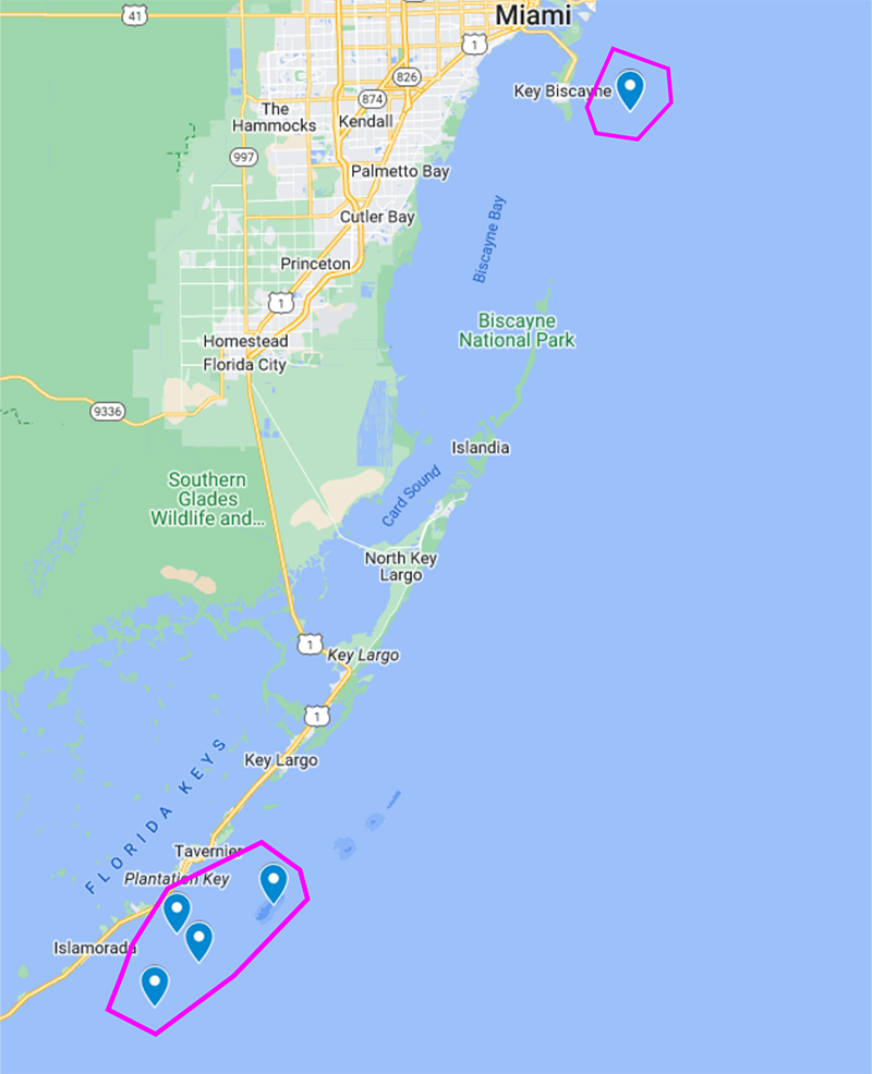 Locations of fieldwork during Field Validation of Novel Low-Cost Underwater Robot for Deepwater Exploration and Characterization.