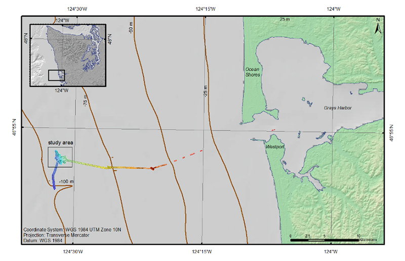 Map showing the westward track line of Research Vessel <i>Rachel Carson</i> from Westport, Washington, to the study area. The ship's track line is color-coded by bathymetry collected with the pole-mounted multibeam sonar.