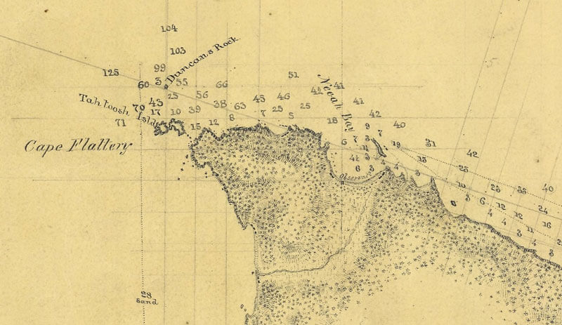 Detail from an 1852 lead-line survey at Cape Flattery within Olympic Coast National Marine Sanctuary. This record shows that lead line surveying was used on the Olympic Coast as early as the mid-19th century.