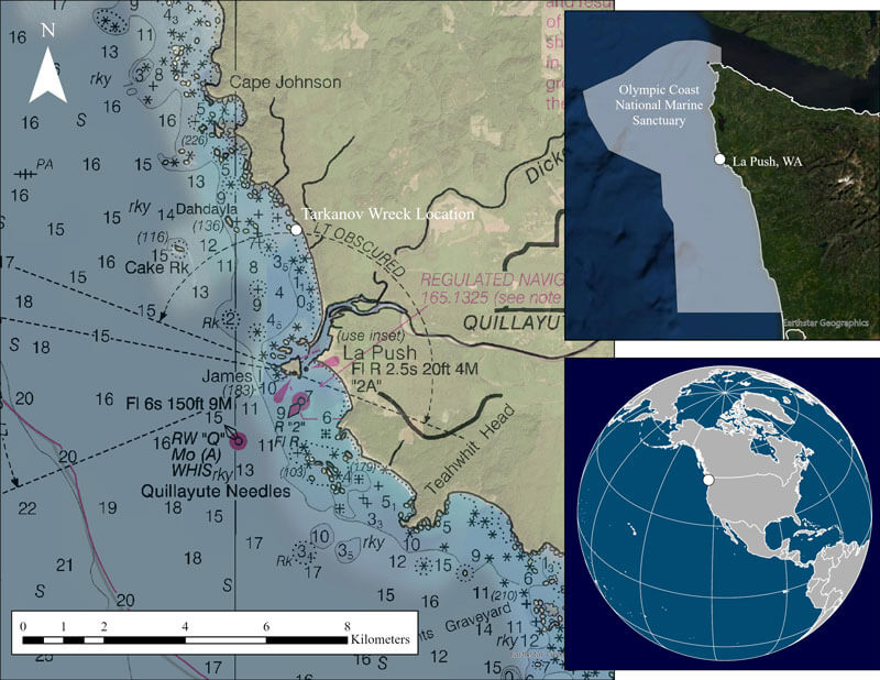 Reported loss location of Svyatoy Nikolai as reported by crewmember Timofei Tarkanov (left). Location of site in Olympic Coast National Marine Sanctuary (top right) and sanctuary location relative to U.S. west coast (bottom right).