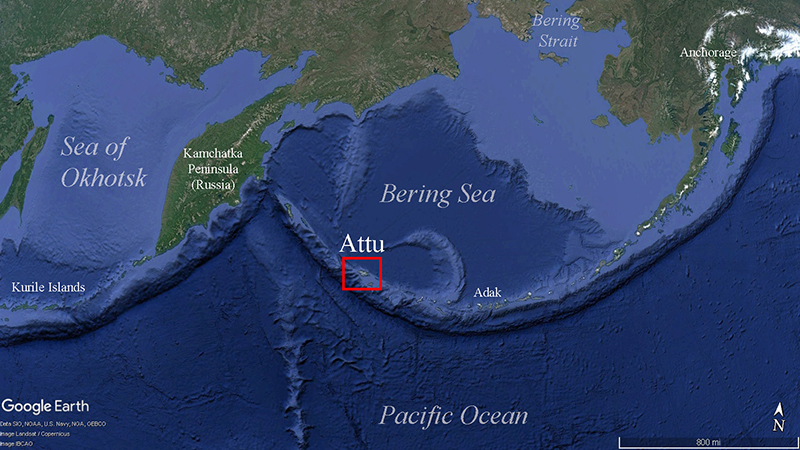 A map showing Attu’s location within the Aleutians.