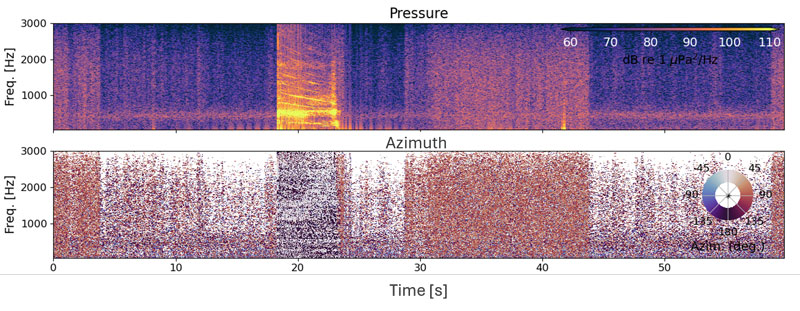 Examples of acoustic data processing. Panels on left show an example of boat noise at ~3:30 a.m. PT, while those on the right show helicopter sounds at 9:58 a.m. PT (both on July 27). The upper panels are spectrograms (i.e., time-frequency representation of data), the lower panels show horizontal bearing angles to sources of sound. The azimuth angle representation of data can only be obtained using directional acoustic sensors. Audio clips were truncated to cut out ambient noise.