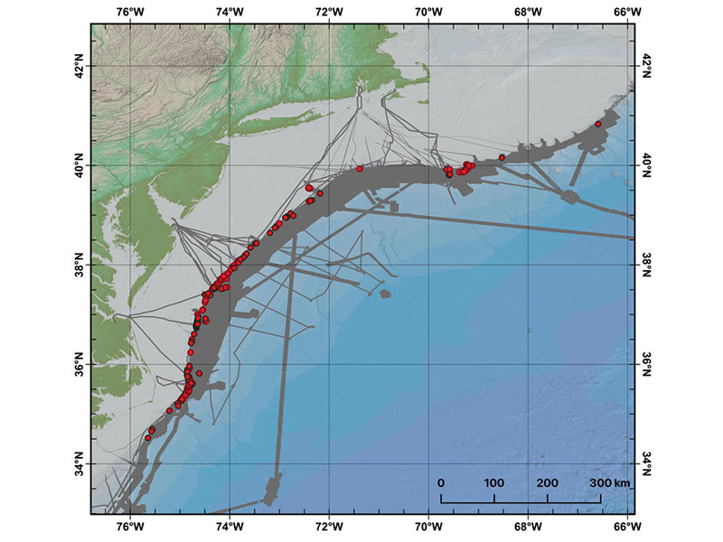 This map shows seafloor gas seeps (red points) and the total sonar survey area (gray) on the northern U.S. Atlantic margin used by the research team to train and validate the machine learning-based automated seep detection model.