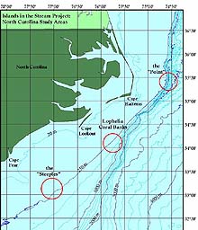 map of dive locations for NC Shelf mission