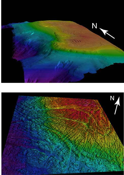 two three-dimensional images of Heceta Bank generated from multibeam sonar