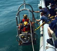 Navy divers are lowered over the side of the USS Grapple