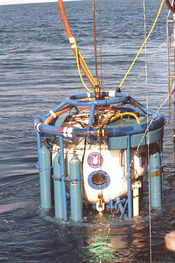 Saturation bell being lowered into the water