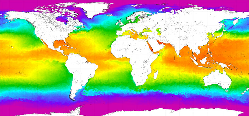 This illustration shows the major ocean currents throughout the globe. Ocean currents act as conveyer belts of warm and cold water, sending heat toward the polar regions and helping tropical areas cool off, thus influencing both weather and climate.