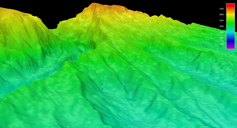 High-resolution bathymetry mapping data collected by the multibeam sonars of NOAA Ship Okeanos Explorer revealed complex topographic features around Saba Valley.
