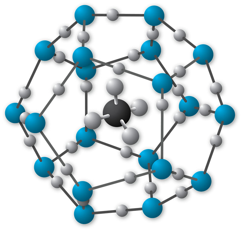 Methane hydrate clathrate molecular model. A methane molecule (CH4) surrounded by  a lattice-like structure made of water molecules (blue atoms are oxygen, white atoms are hydrogen). 