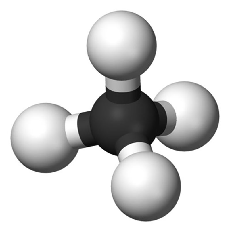 Ball and stick model of a methane molecule made of one central carbon atom (black) with four covalently bonded hydrogen atoms (white). 