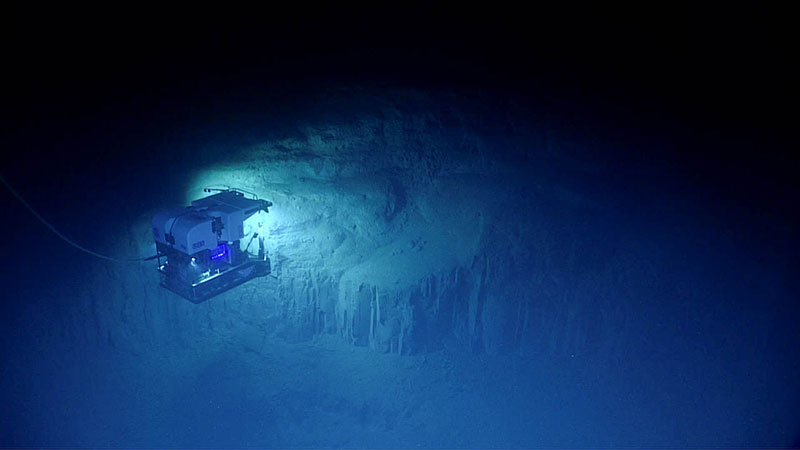 Remotely operated vehicle (ROV) Deep Discoverer surveys this interesting geological feature during the final dive of the Windows to the Deep 2018 expedition.