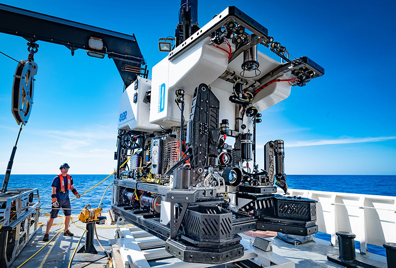 The remotely operated vehicle, Deep Discoverer, being recovered after completing 19 dives during the Windows to the Deep 2019 expedition.