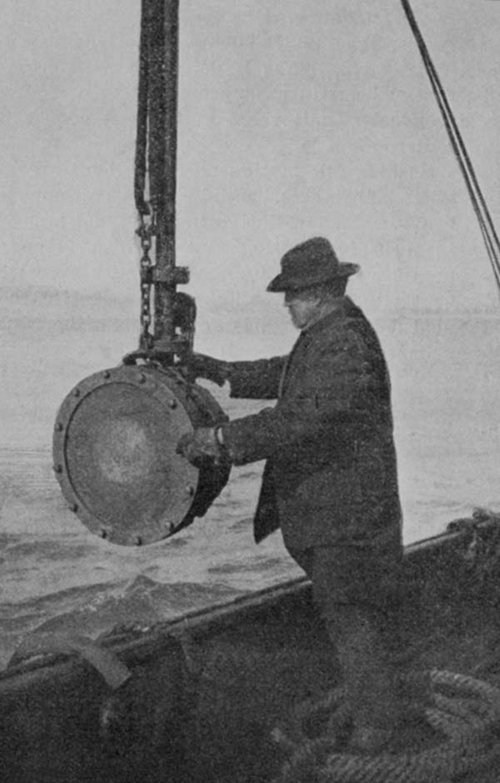 Reginald Fessenden and his electric oscillator, the first acoustic device to receive echoes from the bottom as well as from an obstruction in the water. The oscillator was designed as an underwater signalling, communication, and obstruction avoidance device. In 'Submarine Signaling,' Scientific American Supplement, No. 2071, pp. 168-170, Sept. 11, 1915.