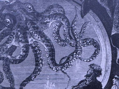 Captain Nemo observing a giant octopus from the viewing port of the submarine Nautilus, in Jules Verne's 20,000 Leagues under the Sea. (Courtesy of NOAA Photo Library.)