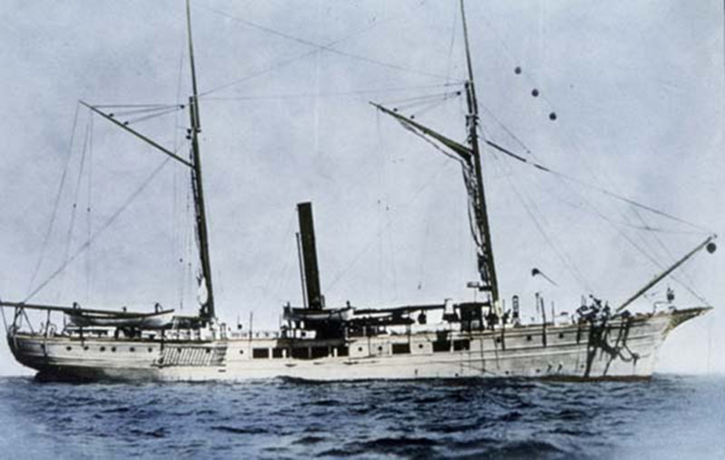 The Coast and Geodetic Survey Steamer Blake was in service from 1874-1905. Note cable leading from bow, ship anchored in 600 fathoms. Source: The Gulf Stream (1891) by J. E. Pillsbury