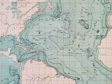 First attempt at a bathymetric map by Matthew Fontaine Maury. Showed vast relatively shoal area in Mid-Atlantic Grave. Source: In The Physical Geography of the Sea (1855) by M. F. Maury. (Courtesy of NOAA Photo Library.) Citation: In The Physical Geography of the Sea (1855) by M. F. Maury. Published by Harper and Brothers, New York. p. 209.