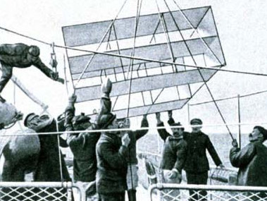 Explorers on the ship Princesse Alice launch one of the first weather kites. (NOAA Photo Library).