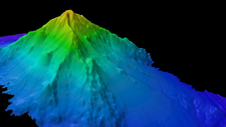 During the Mountains in the Deep: Exploring the Central Pacific Basin expedition, the NOAA Ocean Exploration mapping team collected multibeam bathymetry on this seamount that is nearly 4,200 meters (~13,800-feet) high.