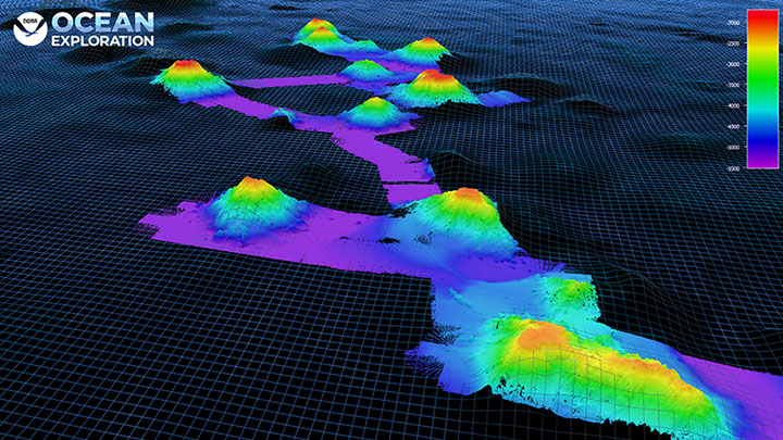 This image shows new bathymetry data of the New England Seamounts collected with the EM 304 MK II variant on NOAA Ship Okeanos Explorer during the expedition, overlaid on the Global Multi-Resolution Topography Data Synthesis grid.