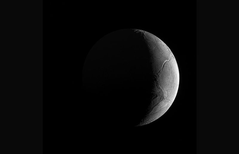 This view of Enceladus, one of Saturn's moons, was taken by the Cassini spacecraft in 2016. Over the course of the Cassini mission, observations have shown that under the icy crust of Enceladus is a global ocean, opening the possibility that this moon could support life. Credit: NASA/JPL-Caltech/Space Science Institute