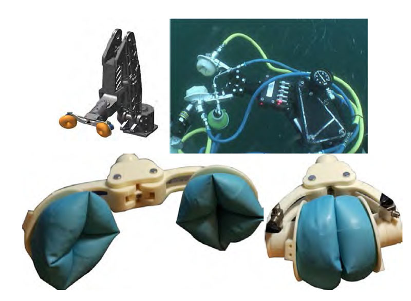 Robotic gripper prototypes. Top left: Initial concept design shown mounted to the wrist joint of a Kraft Predator underwater seven degrees of freedom arm. Top right: Image of second generation prototype on a SeaEye remotely operated vehicle HydroLek arm. Bottom: Third generation prototype showing range of motion and potential membrane configuration.