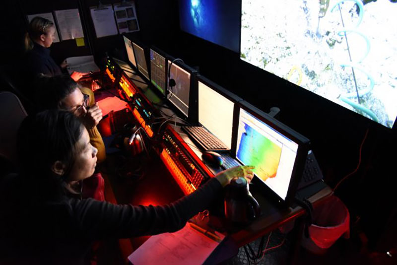 NASA scientists in the control room aboard E/V Nautilus for the SUBSEA expeditions to Lō`ihi Seamount in 2018. Credit: OET