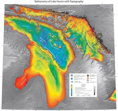 The location of the Alpena-Amberley Ridge (shown here with dotted lines) can be seen in the high-resolution bathymetry of Lake Huron.