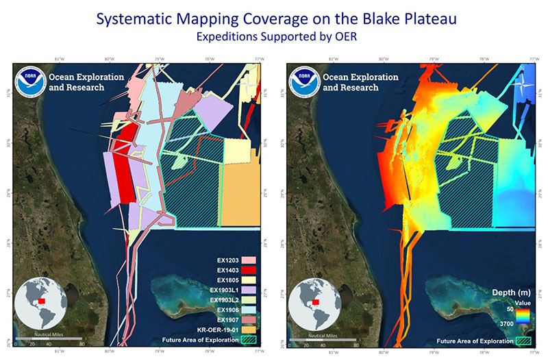 Principles and methodologies described in the new manual were used during cruises supported by the NOAA Office of Ocean Exploration and Research to systematically collect bathymetric data on the Blake Plateau off the U.S. Southeast coast. The image on the left displays the areas addressed by individual cruises, while the image on the right displays an overview of the bathymetric data collected.