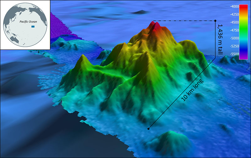 This image shows the topography of the Okeanos Explorer Seamount. The seamount was named after NOAA Ship Okeanos Explorer, which played a key role in its discovery in 2016. Colors represent water depth in meters as defined in the color key.