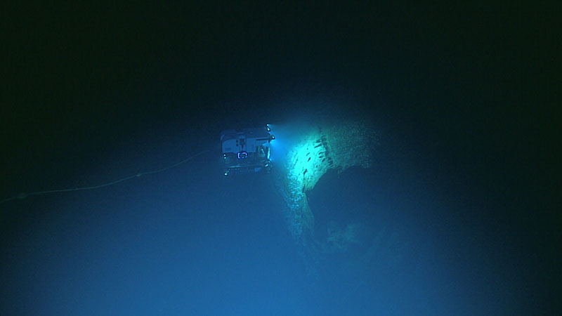 Remotely operated vehicle Deep Discoverer hovers over the wreck of what is likely SS Bloody Marsh, explored during Dive 02 of Windows to the Deep 2021.