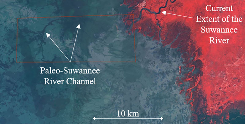 False-color multitemporal satellite image composite from 2018 showing the modern-day shoreline and Suwannee River and evidence of the Paleo-Suwannee River channel, where the team expects to find evidence of past occupation.