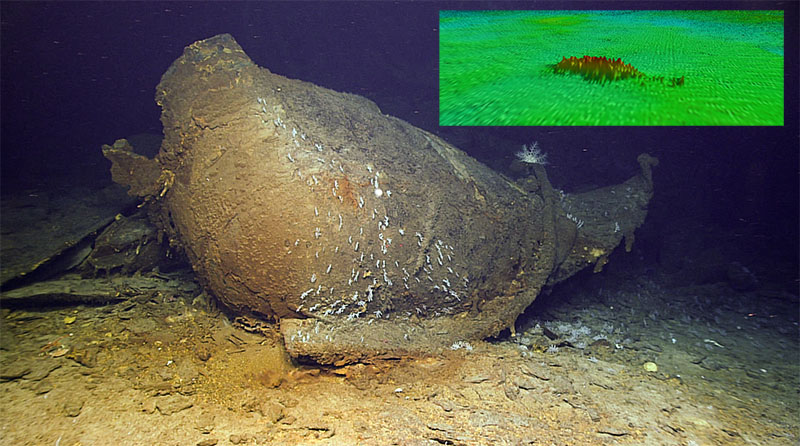 OAA Ocean Exploration also uses the multibeam sonar system on NOAA Ship Okeanos Explorer to search for shipwrecks and other submerged cultural resources that help us better understand the past. An anomaly in seafloor mapping data (inset) turned out to be a shipwreck, likely the World War II-era oil tanker SS Bloody Marsh.
